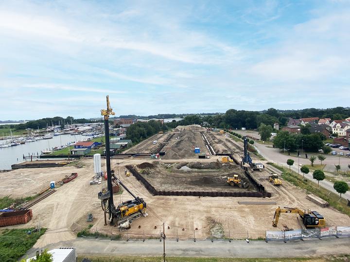 Yachthafen Barth, Baufortschritt Juli 2021: Gründung und Tiefbau
